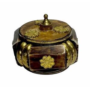 Vintage Hand Carved Trinket Jewelry box with Lid Square Gold Brown Vanity